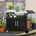 Outdoor Grill Cart with Storage, Rolling Bar Cart Movable Kitchen Island for BBQ, Patio Dining Cart Table for Food Prep with Wheels Hooks Foldable Top - Image 6
