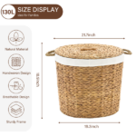 145L Round Laundry Hamper with Lid, Woven Natural Water Hyacinth Laundry Hamper - Image 2
