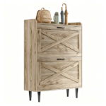 2-Drawer Barn Door Shoe Cabinet with Side Panel Countertop Melamine Board Embossed MDF Shoe Cabinet 31.61*9.45*39.37in Grey Oak - Image 2
