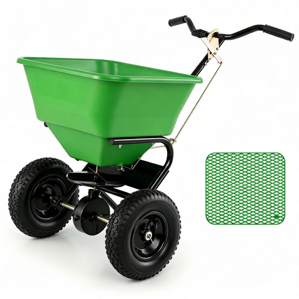 81510770-89b3-417c-9a43-234f5f8c0b26.png Green Heavy-Duty Walk-Behind Broadcast Lawn Spreader, 66 Lbs Capacity Adjustable Flow Control, Pneumatic Rubber Wheel Push Spreaders for Grass Seed Fertilizer Snow Salt - Image 1