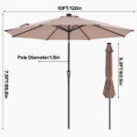 10 ft Patio Umbrella for Table, Outdoor Sun Umbrella with 32 LED Solar Lights, Khaki((Shipment from Walmart)) - Image 2