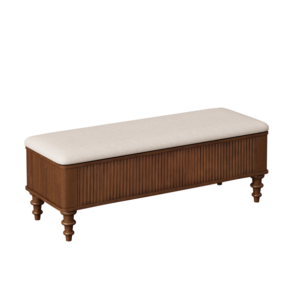 50.8-inch Multi-Functional Storage Ottoman Bench-Solid Rubberwood Bed End Bench with Linen Seat, Storage Bench for Bedroom, Entryway Shoe Organizer for Bedroom, Living Room, Entryway, Closet, Walnut