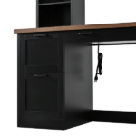 Farmhouse Arched Computer Desk with Hutch, Mid-Century Walnut Home Office Workstation with Charging Station & Keyboard Tray, All-in-One Writing Desk with File Drawer for Study, Office, Black - Image 8