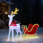5ft Lighted Christmas Reindeer & Sleigh Outdoor Yard Decoration Set with LED Lights, Red & White - Image 7