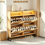 (Do Not Sale on Amazon) 4-Compartment Flip-Up Drawer Shoe Cabinet with Grilles and 2 Drawers LED Light Strip Iron Legs Particleboard Cabinet Body MDF Grille Door Iron Legs Shoe Cabinet 47.24*9.45*44.65in Oak - Image 10