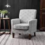 Patterned Polyester Blend Armchair, Solid Birch Wood Frame with Brown Tapered Legs, Foam Padded Accent Chair with Trim Detail for Living Room Office - Image 7