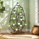 Leaf Shaped Plant Stand with 5-Head Full Spectrum LED Grow Light, Multi-Tier Metal Wood Display Shelf with Hanging Hooks & Anti-Tip Kit, Indoor Flower Pot Holder for Houseplants, 62.9"L x 33"W x 10.2"D Inches, Black Metal Frame & Rustic Wood Grain Board - Image 9