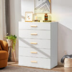 Particleboard Wood Three Drawers With LED Light Bedside Table Dresser Nightstand White - Image 2