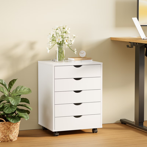 82b10873-704c-46cb-9548-c696ad9c9ccc.png 5 Drawer Storage Cabinet with Wheels for Bedroom, Home, Office Organization, White - Image 1