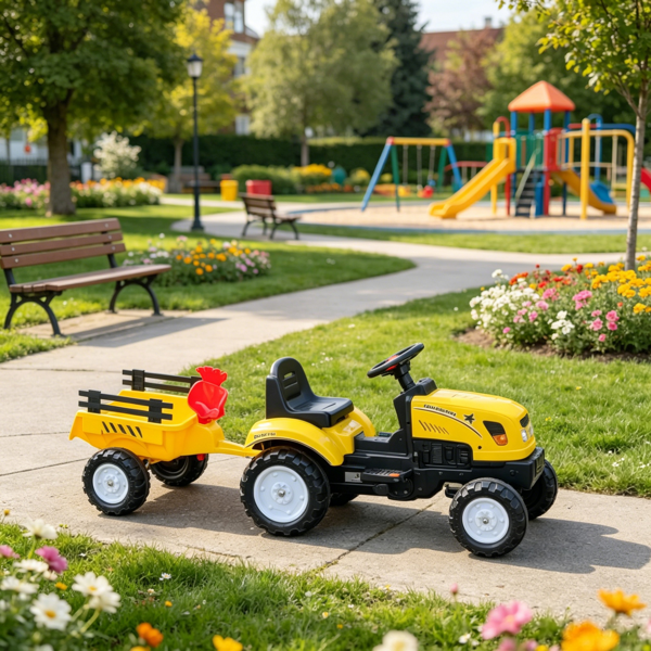 Yellow Kids Pedal Go Kart Tractor – Ride on Toy with Shovel & Rake for Outdoor Construction Play