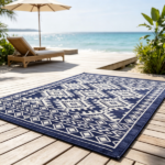 8' x 10' Waterproof Reversible Outdoor Rug: Blue White Rhombus Border Plastic Straw Rug with Carry Bag - Image 4