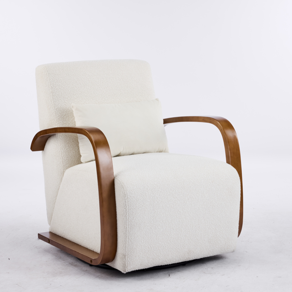 Cream Upholstered 360° Swivel Accent Chair – Solid Wood Curved Arms, Mid-Century Modern Design, Ergonomic Comfort for Living Room, Bedroom Reading Nook Small Single Sofa for Bedroom, Office, Apartment