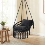 Black Boho Macrame Hanging Swing Chair with 2 Padded Cushions, 330LBS Capacity Hammock Chair for Indoor Outdoor Bedroom Patio Balcony - Image 4
