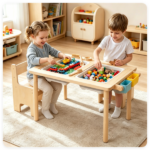 3-Piece Kids Activity Table and Chair Set with Storage Bins & Replaceable Paper Roll, Multi-Functional Chalkboard Activity Desk with 2 Ergonomic Chairs for Children Learning & Sensory Play - Image 3