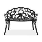 Outdoor Cast Aluminum Patio Bench, Porch Bench Chair with Curved Legs Rose Pattern, Black - Image 2