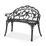 Outdoor Cast Aluminum Patio Bench, Porch Bench Chair with Curved Legs Rose Pattern, Black - Image 3