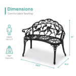 Outdoor Cast Aluminum Patio Bench, Porch Bench Chair with Curved Legs Rose Pattern, Black - Image 4