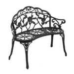 Outdoor Cast Aluminum Patio Bench, Porch Bench Chair with Curved Legs Rose Pattern, Black - Image 5