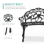Outdoor Cast Aluminum Patio Bench, Porch Bench Chair with Curved Legs Rose Pattern, Black - Image 7