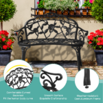 Outdoor Cast Aluminum Patio Bench, Porch Bench Chair with Curved Legs Rose Pattern, Black - Image 8