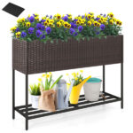 Brown PE Rattan Elevated Planter with Lower Shelf, 101.6×30.48×71.12cm Raised Garden Bed with Drainage