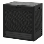 25 Gallon Outdoor Deck Box, Weatherproof PP Storage Chest with Rattan Texture, Lockable Patio Organizer Box as Side Table Extra Seat - Black - Image 4