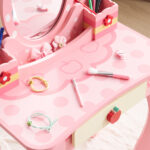 Pink MDF spray-painted + apple-printed 1-drawer 2-desktop storage box children's dressing table set - Image 3