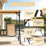 Beige 2-Seat Porch Swing with Adjustable Canopy, Built-in Storage Table & Cup Holders for Backyard - Image 4
