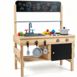 Natural Fir Wood Kids Outdoor Mud Kitchen Playset with Stainless Steel Sink & Stoves, Pretend Play Cooking Toy with Storage Hooks for Toddlers 3+ - Image 3