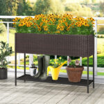 Brown PE Rattan Elevated Planter with Lower Shelf, 101.6×30.48×71.12cm Raised Garden Bed with Drainage - Image 6