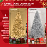8 FT Pre-lit Artificial Christmas Tree, Hinged Xmas Pine Tree with 1350 Branch Tips, 500 Lights and Remote Control for Holiday Party Office Home, Silver - Image 8