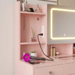 LED Tri-Color Lighting Dressing Table Set Particleboard with Textured Melamine Finish Dressing Table with Power Strip 5-Drawer Dressing Table with Shelves and Hooks 47.24*15.75*53.54in Apple Pink - Image 11
