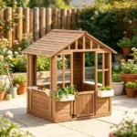 Kids Wooden Outdoor Playhouse, Garden Cottage with Flower Pot Holder & Working