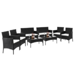 2pcs Arm Chairs 1pc Love Seat & Tempered Glass Coffee Table Rattan Sofa Set Black - Image 2