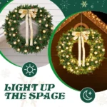 48in Pre-lit Christmas Wreath, Lighted Artificial Xmas Wreath with 150 Warm White Lights and 450 PVC Tips and DIY Ornaments, for Front Door Gate Wall Xmas Party Decorations, Light Green & Golden - Image 4