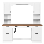 Farmhouse Arched Computer Desk with Hutch, Mid-Century Walnut Home Office Workstation with Charging Station & Keyboard Tray, All-in-One Writing Desk with File Drawer for Study, Office, White