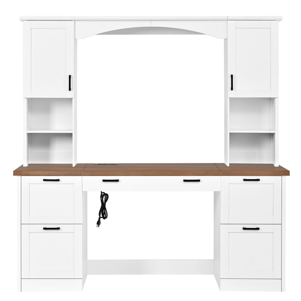 Farmhouse Arched Computer Desk with Hutch, Mid-Century Walnut Home Office Workstation with Charging Station & Keyboard Tray, All-in-One Writing Desk with File Drawer for Study, Office, White