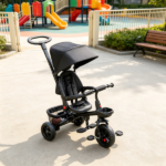 Black Foldable Toddler Trike 1-5Y – Travel-Friendly with Storage, Reversible Seat, Safety Harness for Road Trips