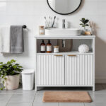 White particleboard with melamine veneer, grille thermoformed, two-door, one-shelf bathroom vanity unit, 60*30*60cm - Image 9