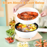Electric Hot Pot Non-Stick Frying Pan Portable Rapid Noodles Cooker with Long Handle Steamer Spatula Dual Power Control Overheat Dry-Boil Protection for College Dorm Room Essential - Image 3