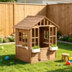 Kids Wooden Outdoor Playhouse, Garden Cottage with Flower Pot Holder & Working - Image 5
