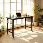 Mobile Rolling Computer Desk 48 Inch, Heavy Duty Metal Frame Home Office Desk with Storage Bag Hooks Lockable Wheels for Bedroom Dorm - Image 6