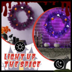 24in Pre-lit Halloween-Themed Christmas Wreath, Lighted Artificial Xmas Wreath with 50 Purple & Orange Lights and 100 PVC Tips and DIY Ball Ornaments, for Front Door Gate Wall Xmas Party Decorations - Image 11
