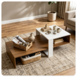2-Tier Modern Geometric Coffee Table Engineered Wood Low Center Table with Storage Shelf, Waterproof Surface Cross Base Accent Table for Living Room Tea Game Work - Brown & White - Image 6
