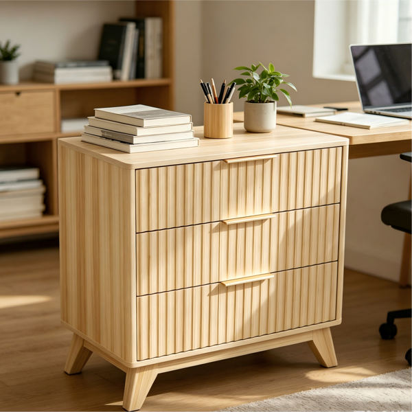 3-Drawer Cabinet with Slatted Fronts 31.5"*15.6"*29.72" Chest of Drawers Nightstand Oak