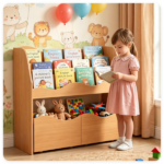 3-Tier Kids Bookshelf Toy Storage Organizer with 2 Rolling Drawers, Rounded Corner Anti-Tipping Toddler Bookcase Engineered Wood for Playroom Bedroom Nursery Classroom - Natural - Image 4