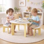 Kids Table and Chair Set, 3-Piece Toddler Table with 2 Chairs, Cute Bear-Back Chairs, Sturdy Wooden Activity Table Set for Kids, Playroom, Bedroom, Preschool - Image 6