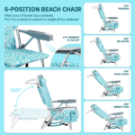 1 PCS Aluminum Beach Chair, 8.5 Inch Seat Height Teal Tribal Pattern, Adjustable Folding Chair with Headrest, Shoulder Strap, 2-in-1 Cup Holder Side Pocket, Back Cooler Bag, Integrated Oxford Fabric with Crossbar, 5 Positions Reclining Lounger, 63x109x84cm, Load Capacity 120KG - Image 3