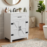 Washed white particleboard with melamine veneer, barn double door with U-shaped internal shelves, washbasin cabinet, 76*47*91cm (30 inches) - Image 5