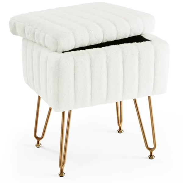 Square Ottoman with Storage, Makeup Cute Soft Small Footstool, Modern Style Faux Fur Seat with 4 Metal Legs & Adjustable Feet for Dressing, Living Room Bedroom Dorm, White